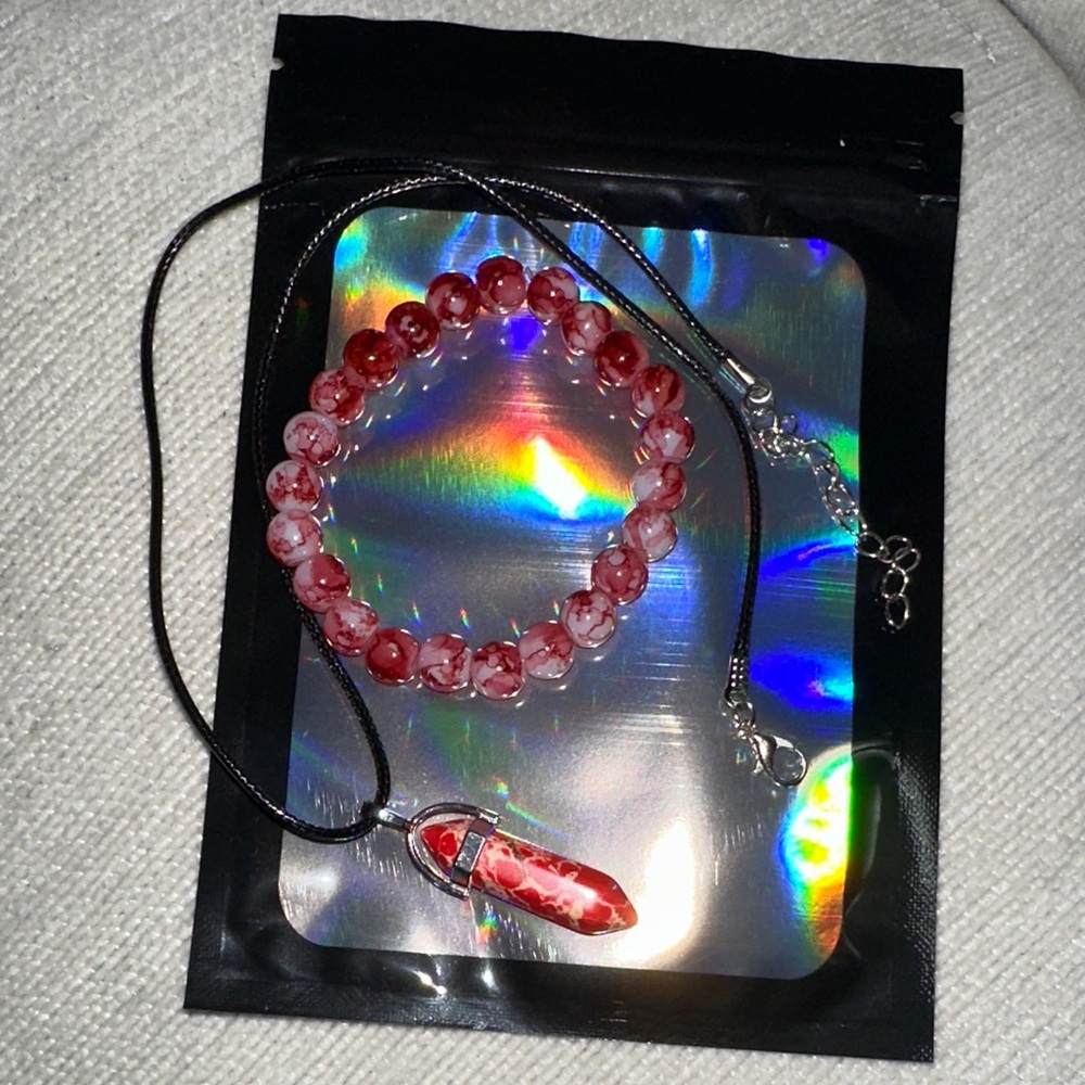 Red and white Beaded Bracelet and crystal Necklace bundle New